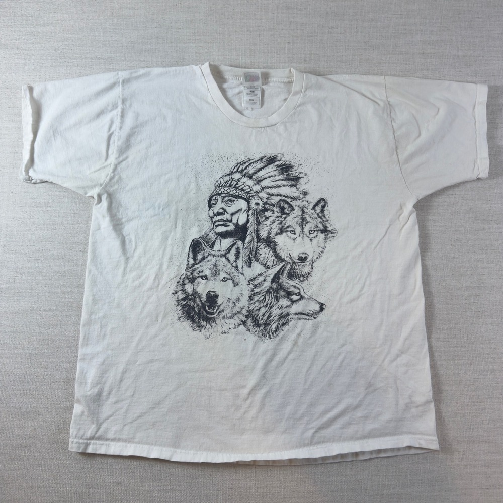 Fruit of the Loom Mens XL White Native American Chief Wolves Graphic T-Shirt